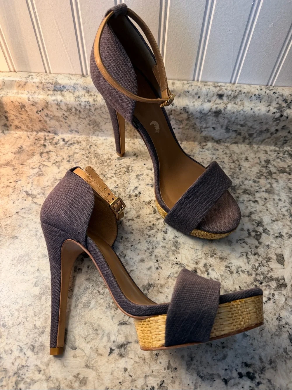 Tory Burch Amina Fabric Denim Platform Ankle-Strap Stiletto Heels Sexy 5” Linen